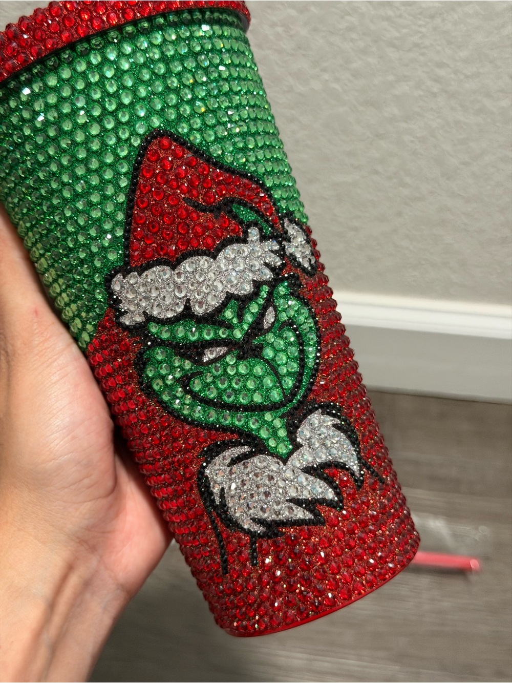 Grinch Rhinestone Tumbler 20 oz Stainless Steel With Straw | Bling Christmas